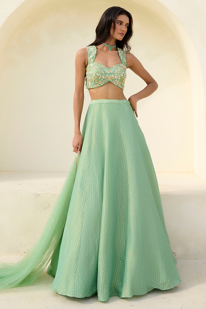 Green Tissue Brocade Woven Wedding Lehenga Set by Chamee and Palak at Pernia's Pop Up Shop