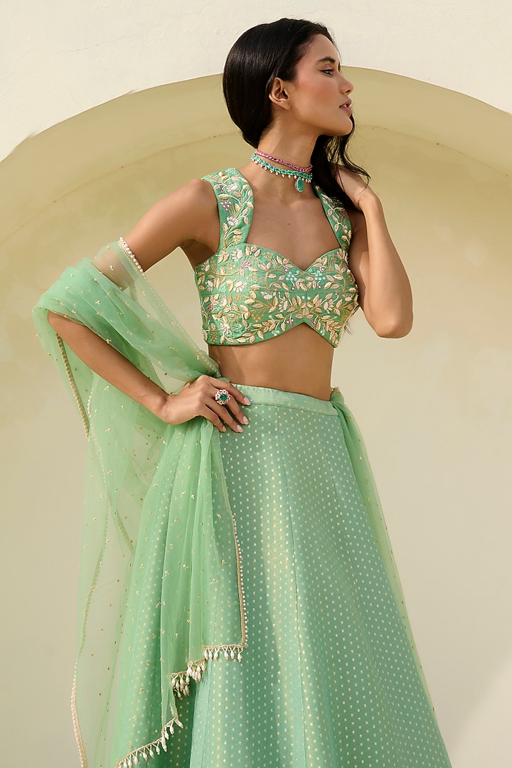Green Tissue Brocade Woven Wedding Lehenga Set by Chamee and Palak at Pernia's Pop Up Shop