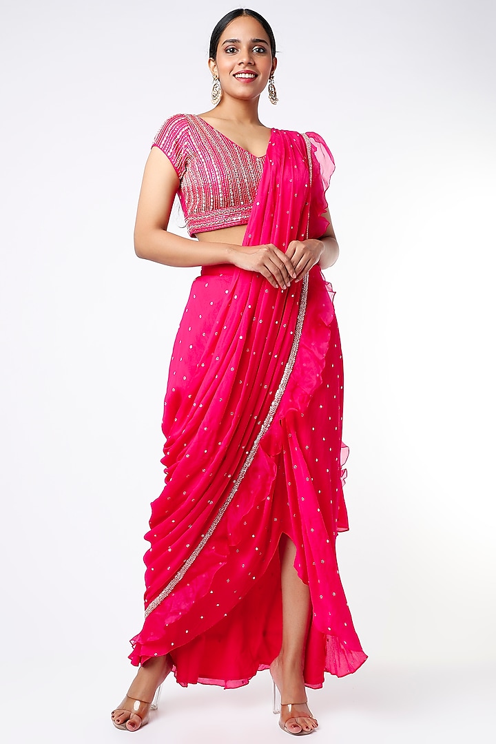 Fuchsia Blended Georgette Pre-Draped Saree Set by Chamee and Palak
