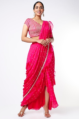 Fuchsia Blended Georgette & Raw Silk Pre-Draped Ruffled Saree Set by Chamee and Palak