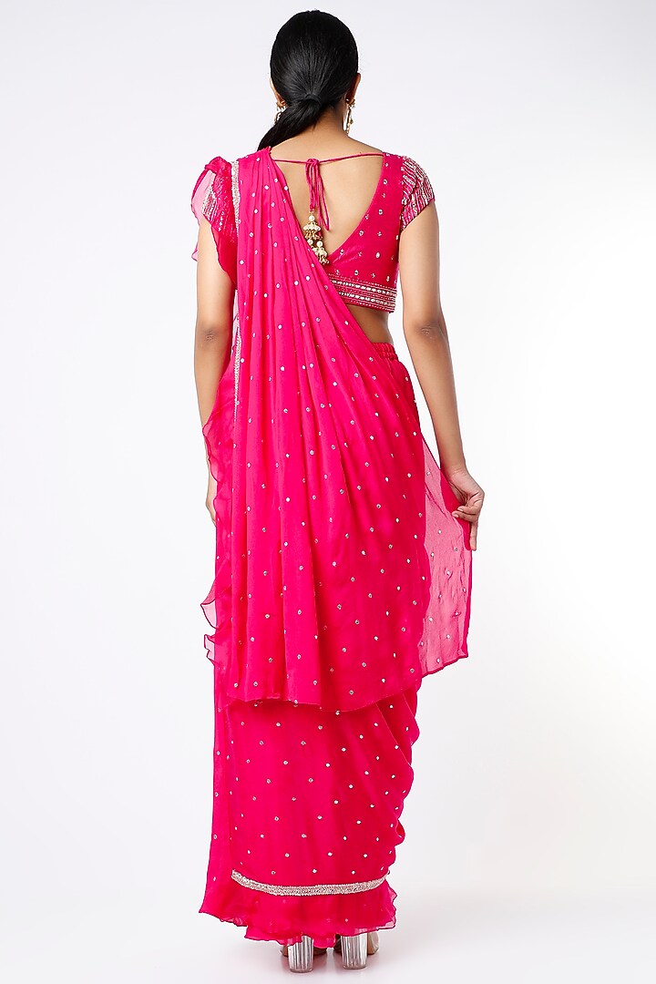 Fuchsia Blended Georgette & Raw Silk Pre-Draped Ruffled Wedding Saree Set by Chamee and Palak at Pernia's Pop Up Shop