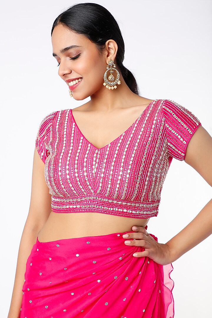 Fuchsia Blended Georgette & Raw Silk Pre-Draped Ruffled Wedding Saree Set by Chamee and Palak at Pernia's Pop Up Shop