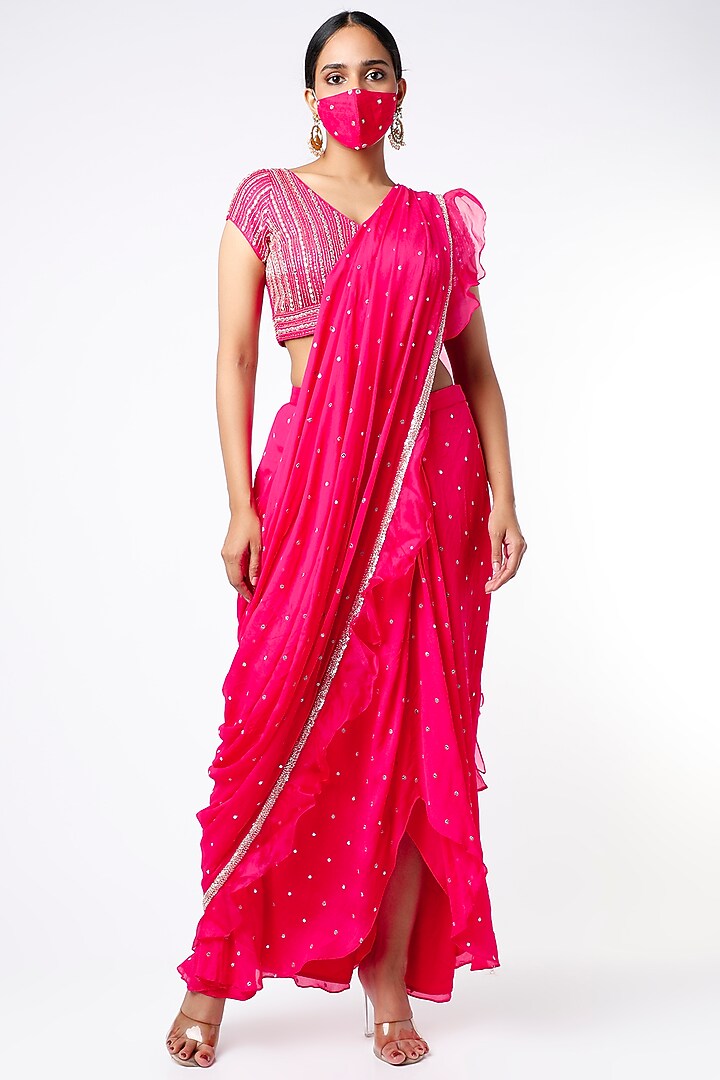 Fuchsia Blended Georgette & Raw Silk Pre-Draped Ruffled Wedding Saree Set by Chamee and Palak at Pernia's Pop Up Shop