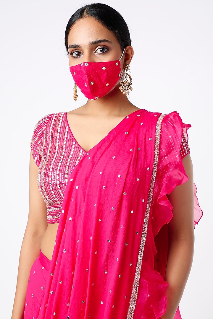 Fuchsia Blended Georgette & Raw Silk Pre-Draped Ruffled Wedding Saree Set by Chamee and Palak at Pernia's Pop Up Shop