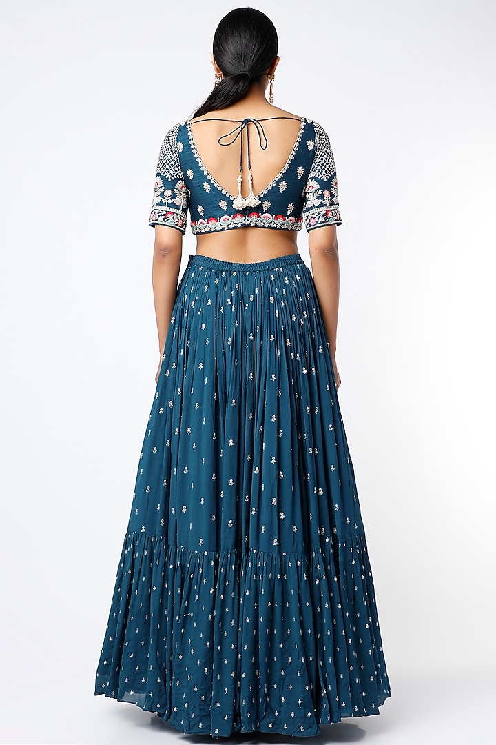 Cobalt Blue Blended Georgette Embroidered Wedding Lehenga Set by Chamee and Palak at Pernia's Pop Up Shop