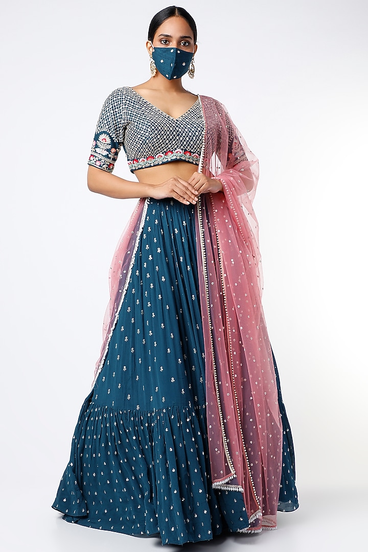 Cobalt Blue Blended Georgette Embroidered Wedding Lehenga Set by Chamee and Palak at Pernia's Pop Up Shop