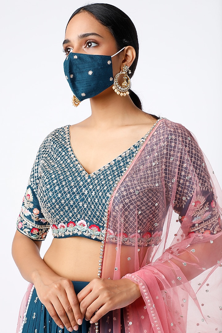 Cobalt Blue Blended Georgette Embroidered Wedding Lehenga Set by Chamee and Palak at Pernia's Pop Up Shop