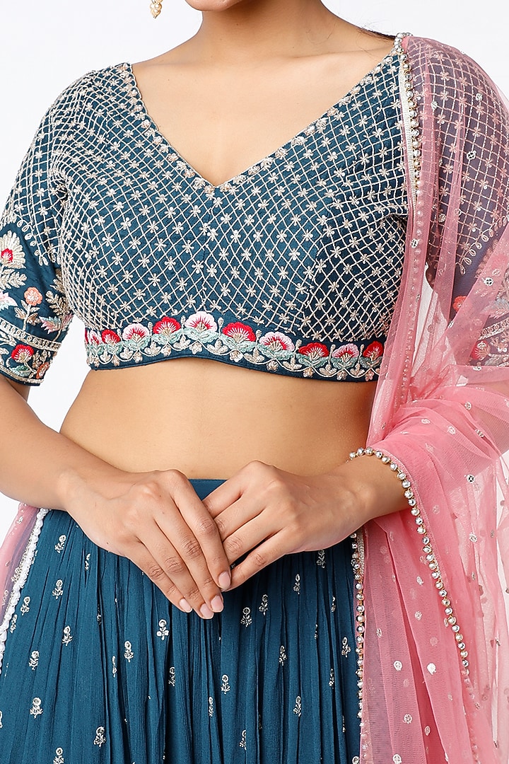 Cobalt Blue Blended Georgette Embroidered Wedding Lehenga Set by Chamee and Palak at Pernia's Pop Up Shop
