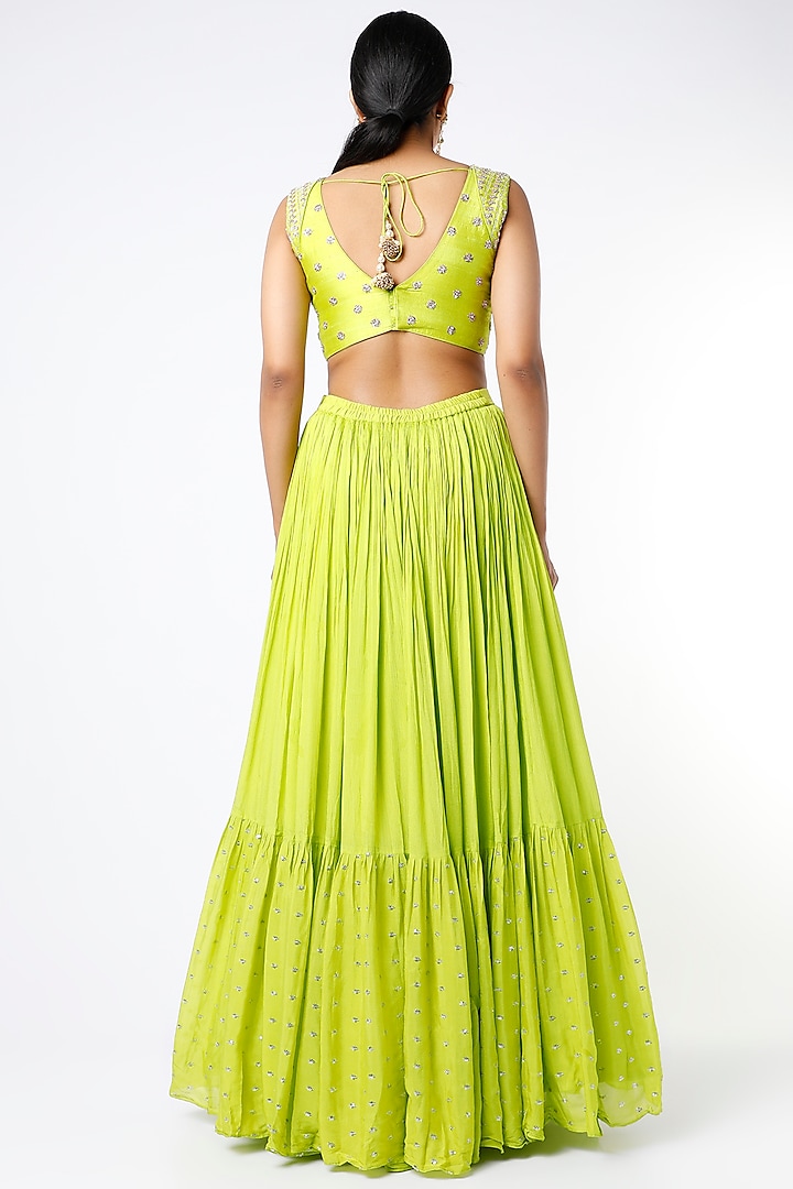 Lime Green Blended Georgette Embellished Wedding Lehenga Set by Chamee and Palak at Pernia's Pop Up Shop