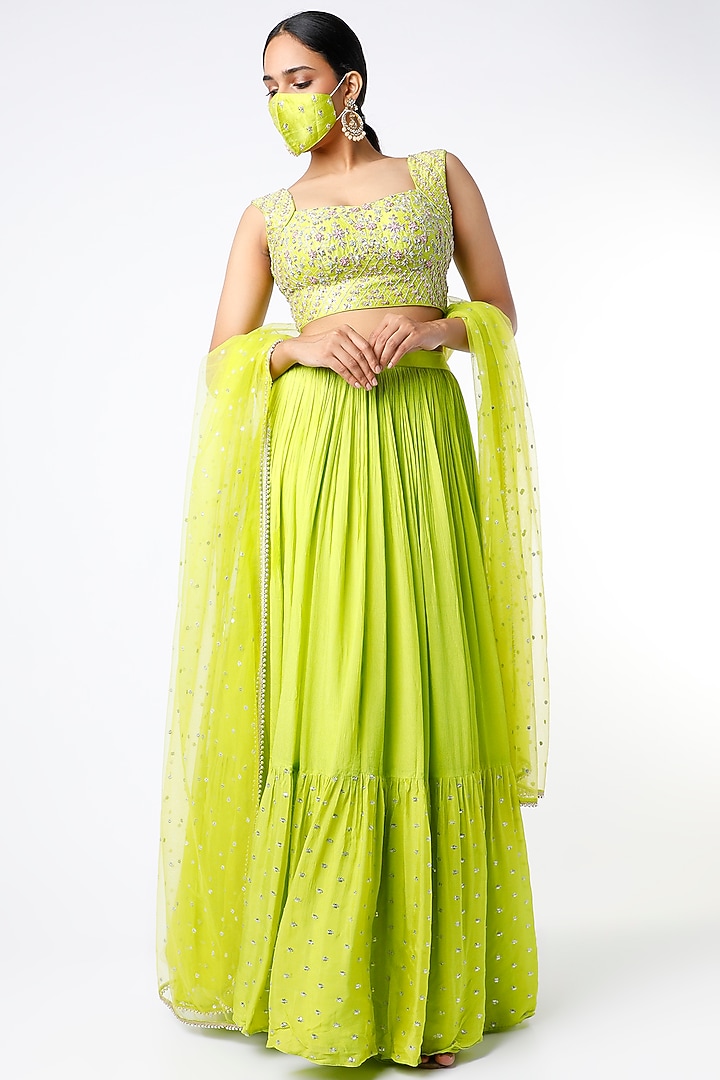 Lime Green Blended Georgette Embellished Wedding Lehenga Set by Chamee and Palak at Pernia's Pop Up Shop