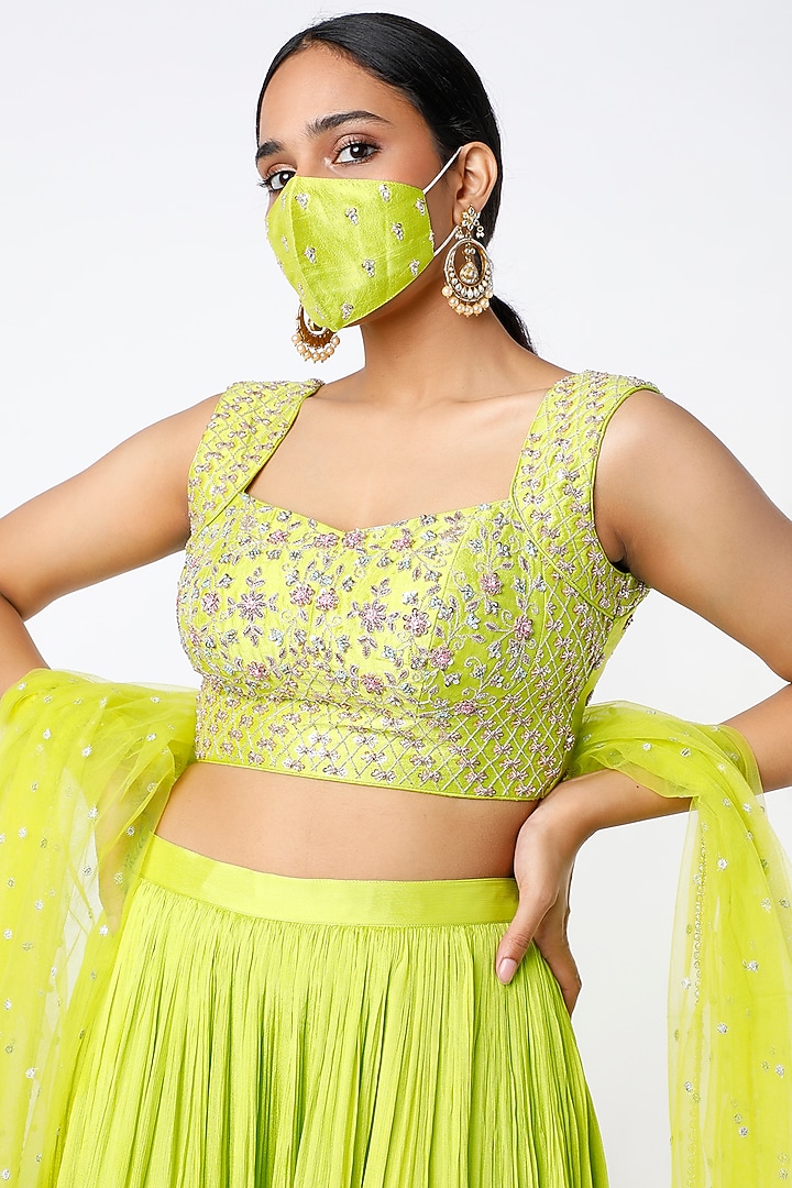 Lime Green Blended Georgette Embellished Wedding Lehenga Set by Chamee and Palak at Pernia's Pop Up Shop