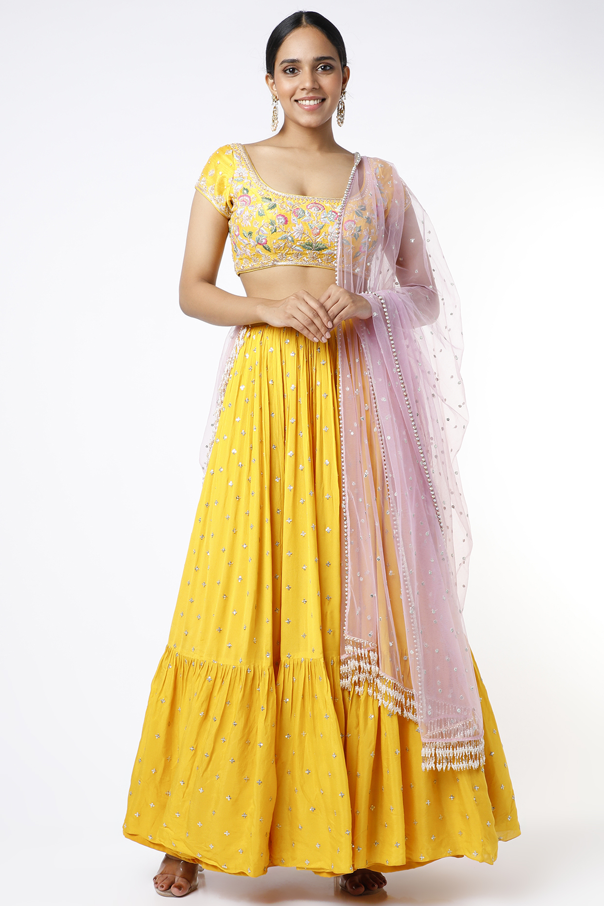 Yellow Blended Georgette Embroidered Wedding Lehenga Set by Chamee and Palak at Pernia's Pop Up Shop
