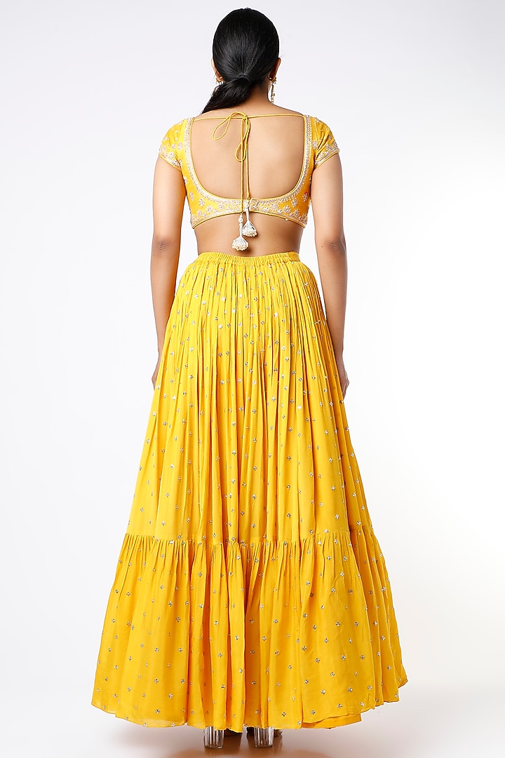 Yellow Blended Georgette Embroidered Wedding Lehenga Set by Chamee and Palak at Pernia's Pop Up Shop
