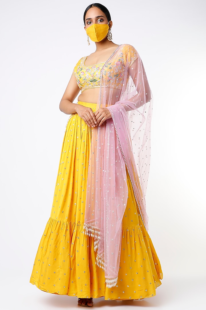 Yellow Blended Georgette Embroidered Wedding Lehenga Set by Chamee and Palak at Pernia's Pop Up Shop