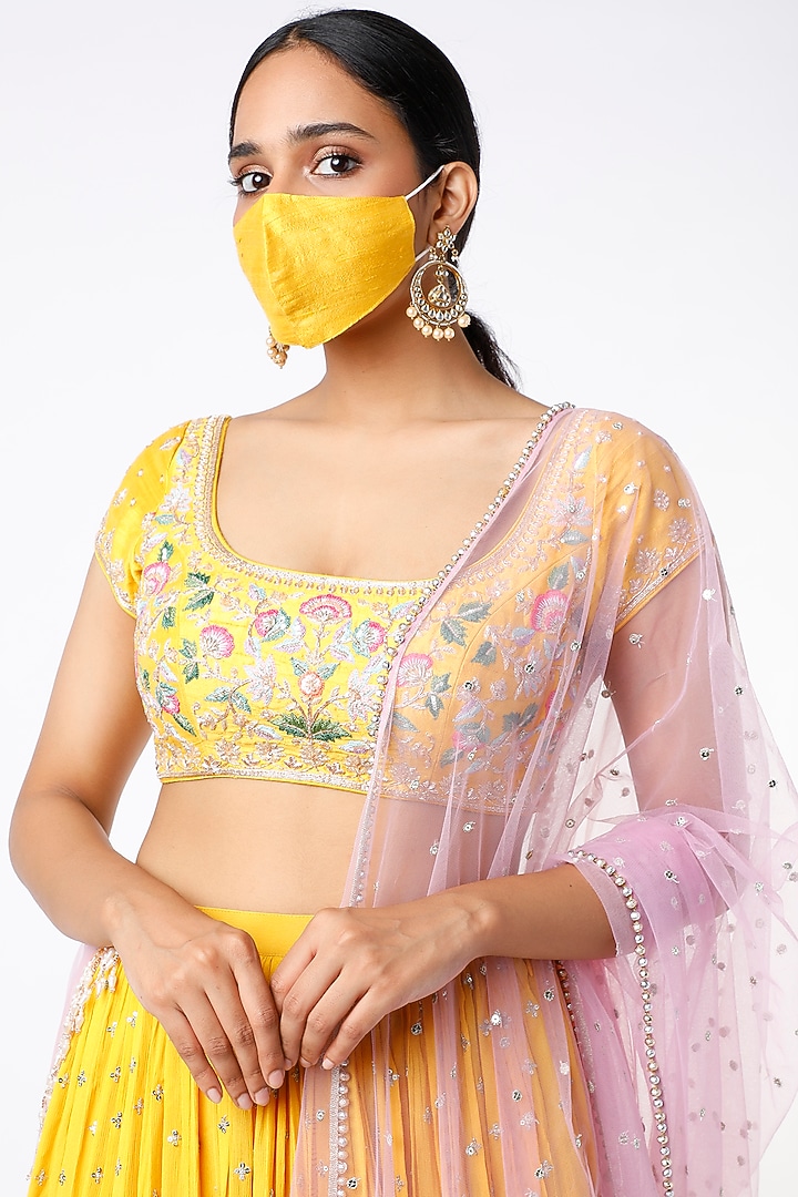 Yellow Blended Georgette Embroidered Wedding Lehenga Set by Chamee and Palak at Pernia's Pop Up Shop