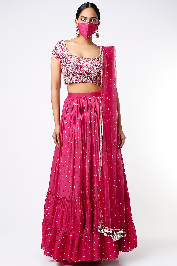 Fuchsia Blended Georgette Embroidered Wedding Lehenga Set by Chamee and Palak at Pernia's Pop Up Shop