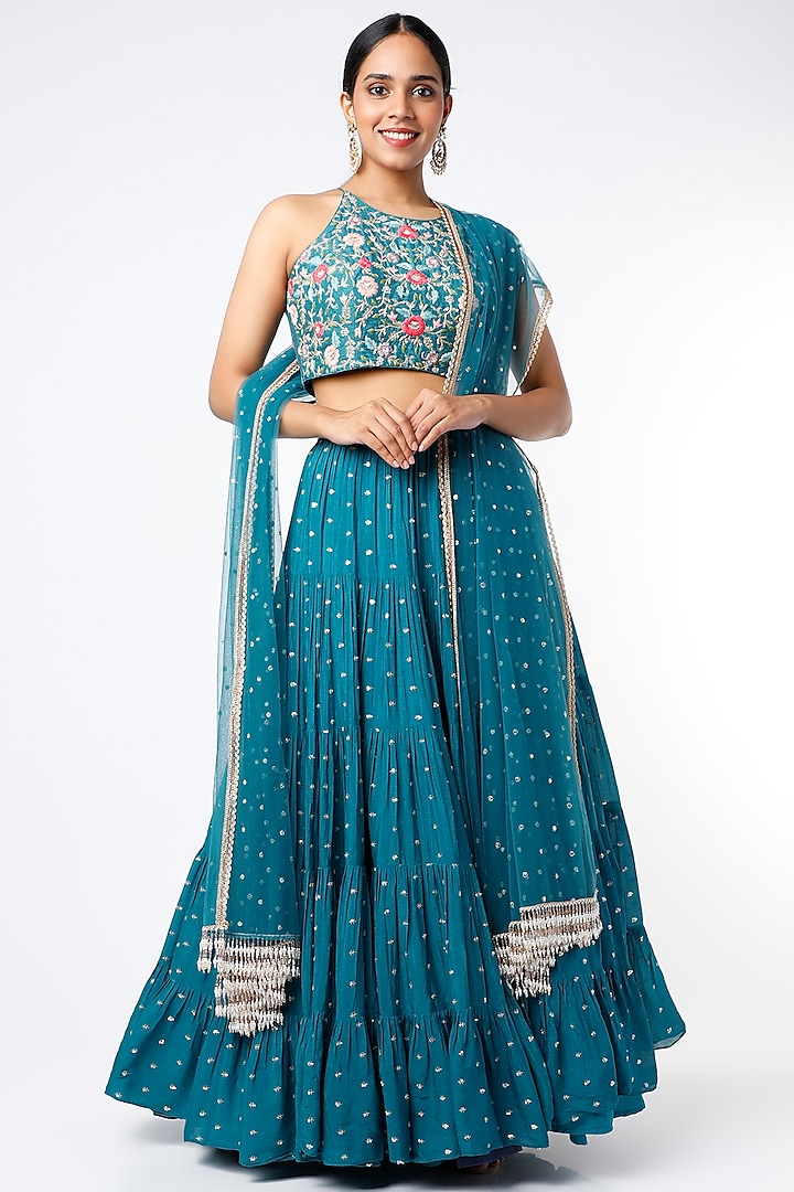 Cobalt Blue Embroidered Tiered Lehenga Set Design by Chamee n Palak at ...