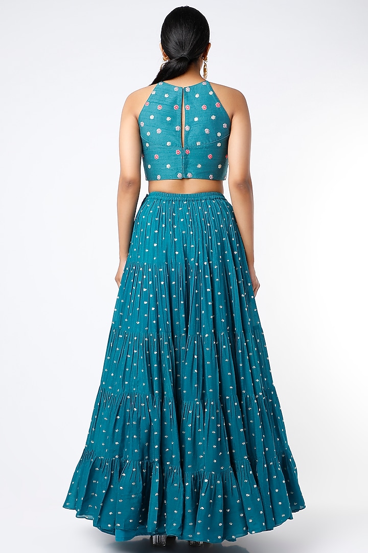 Cadet Blue Tiered Embroidered Wedding Lehenga Set by Chamee and Palak at Pernia's Pop Up Shop
