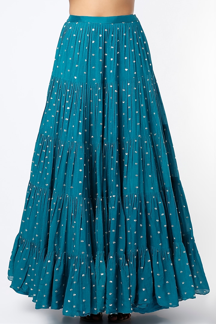 Cadet Blue Tiered Embroidered Wedding Lehenga Set by Chamee and Palak at Pernia's Pop Up Shop