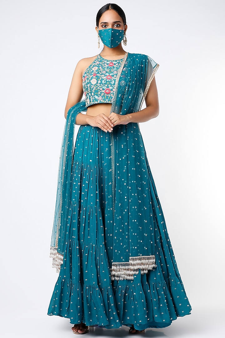 Cadet Blue Tiered Embroidered Wedding Lehenga Set by Chamee and Palak at Pernia's Pop Up Shop