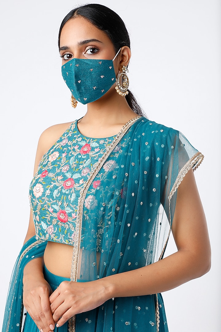 Cadet Blue Tiered Embroidered Wedding Lehenga Set by Chamee and Palak at Pernia's Pop Up Shop