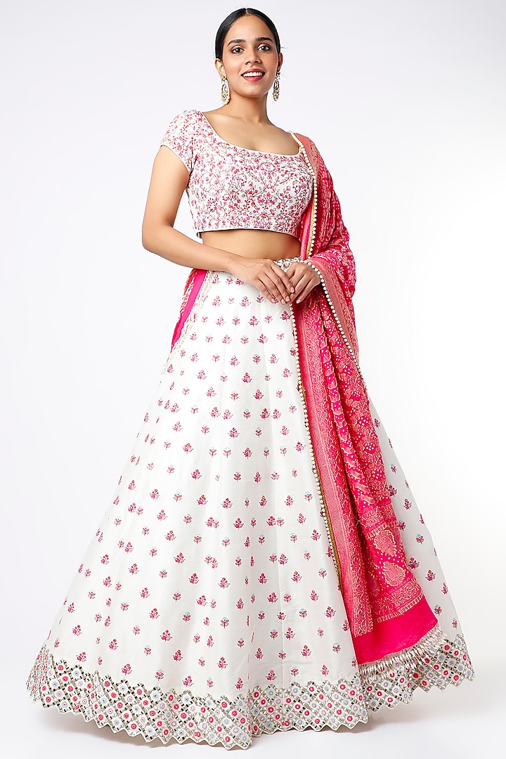 Ivory Dupion Silk Embroidered Lehenga Set by Chamee and Palak