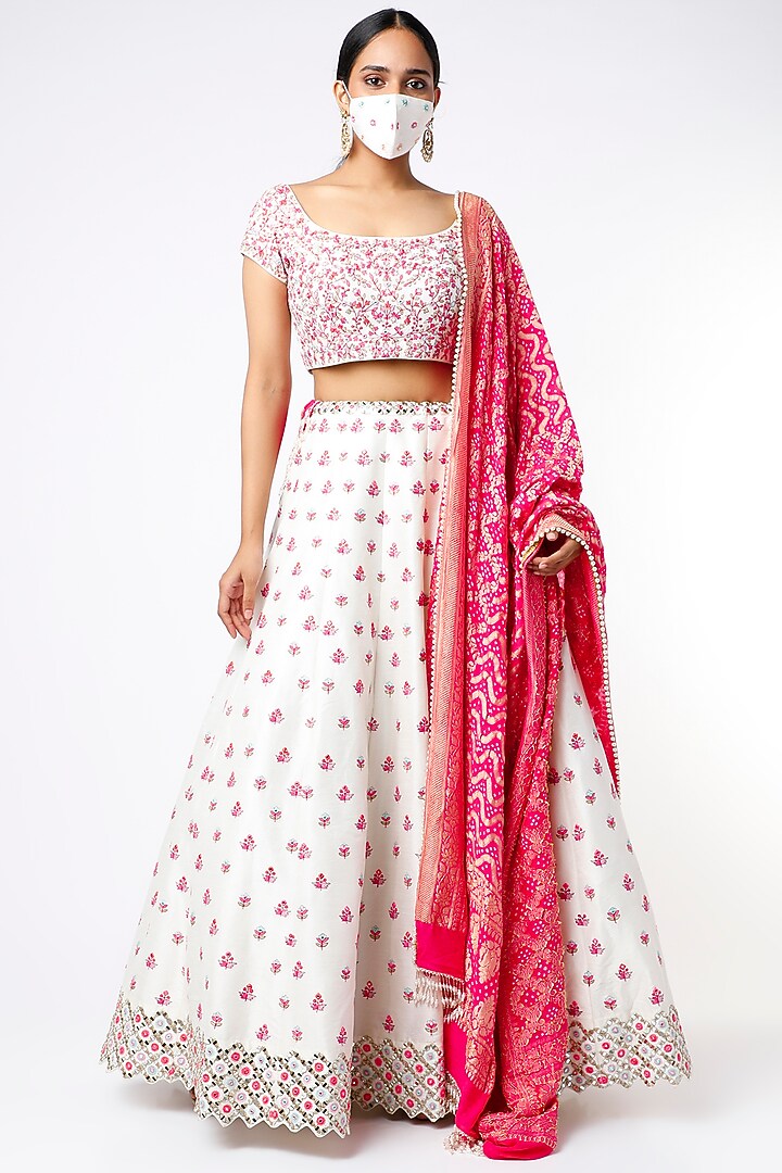 Ivory Dupion Silk Embroidered Wedding Lehenga Set by Chamee and Palak at Pernia's Pop Up Shop
