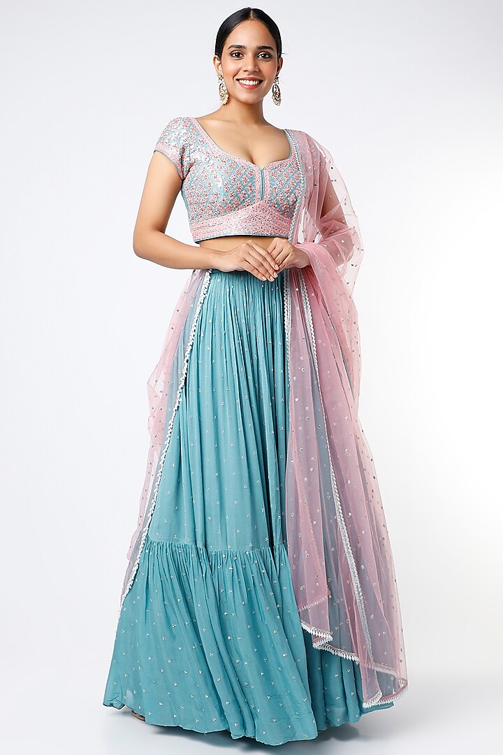 Sky Blue Embroidered Lehenga Set by Chamee and Palak