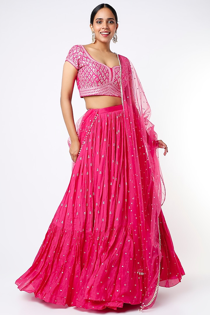 Fuchsia Embroidered Tiered Lehenga Set by Chamee and Palak