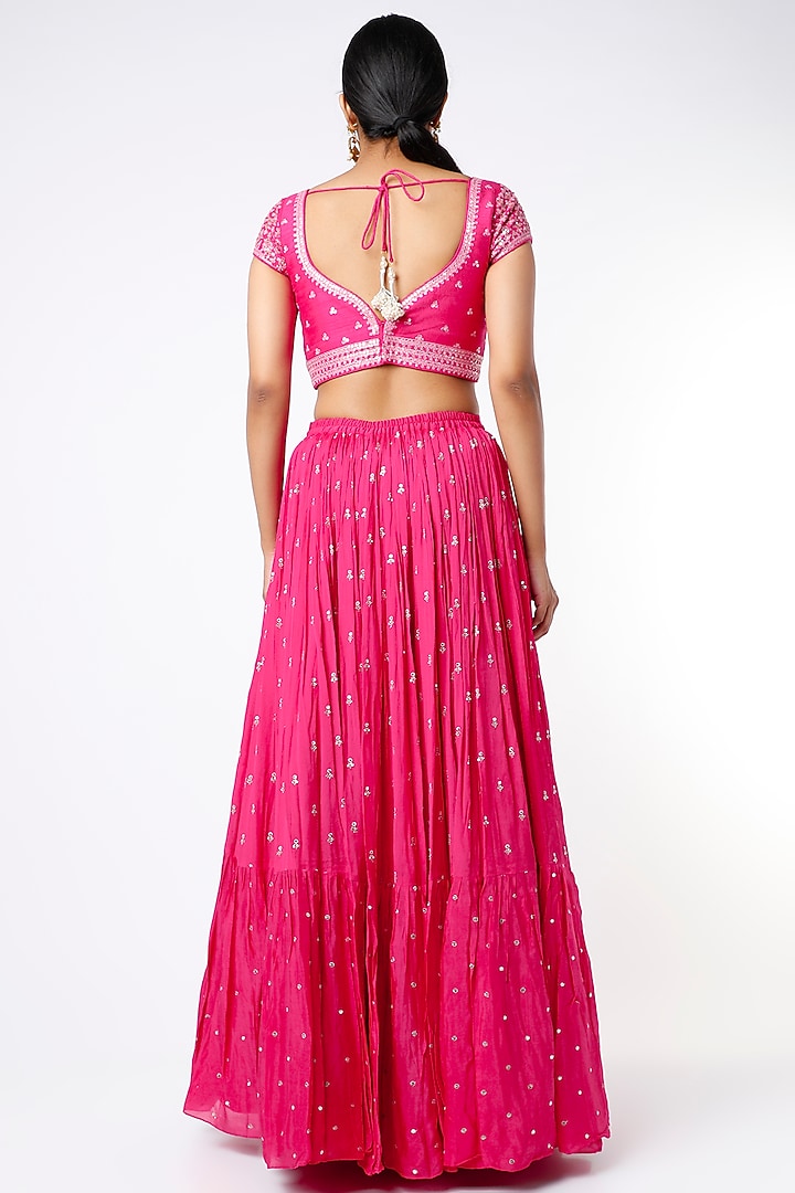 Fuchsia Embroidered Tiered Wedding Lehenga Set by Chamee and Palak at Pernia's Pop Up Shop