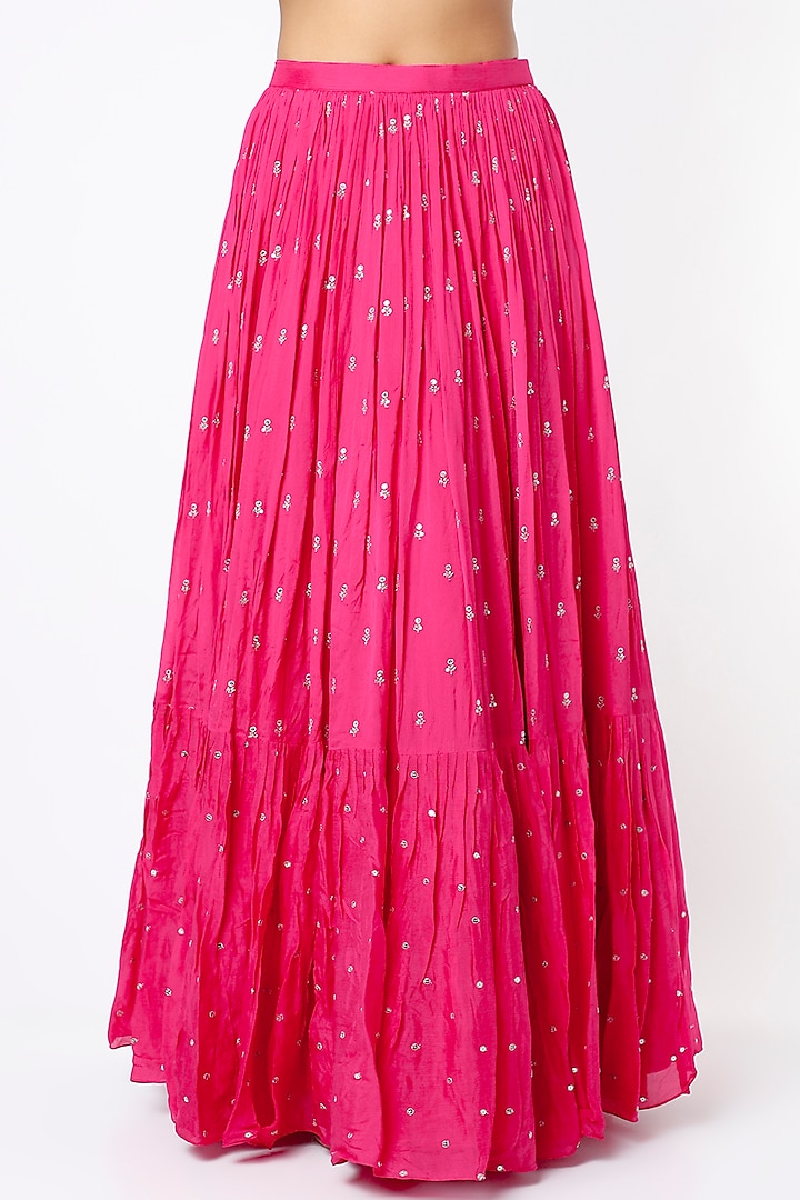 Fuchsia Embroidered Tiered Wedding Lehenga Set by Chamee and Palak at Pernia's Pop Up Shop