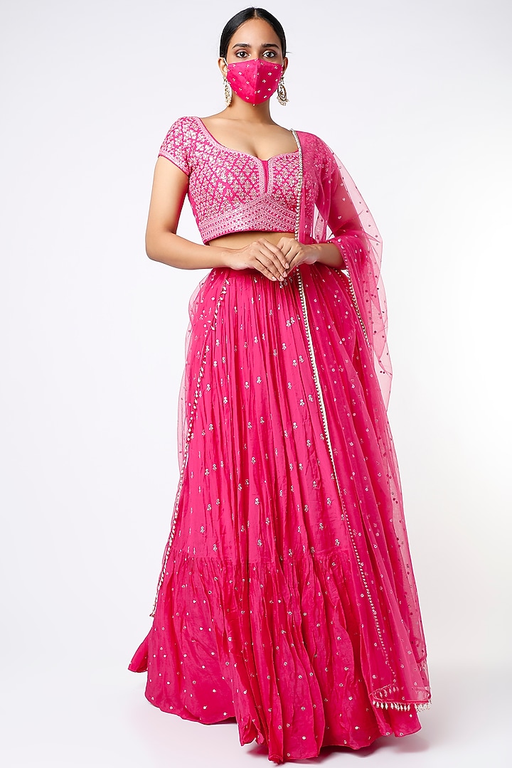 Fuchsia Embroidered Tiered Wedding Lehenga Set by Chamee and Palak at Pernia's Pop Up Shop