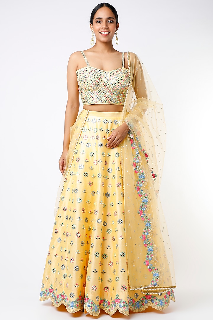 Yellow Hand Embroidered Lehenga Set by Chamee and Palak
