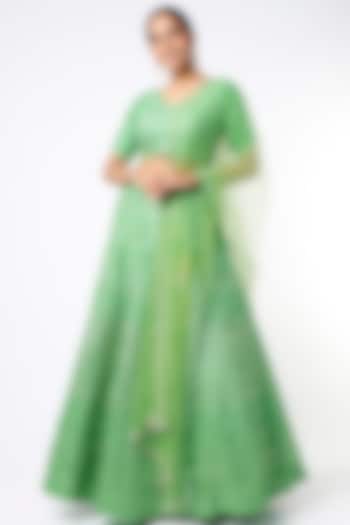 Green Organza & Raw Silk Mirror Embroidered Lehenga Set by Chamee and Palak