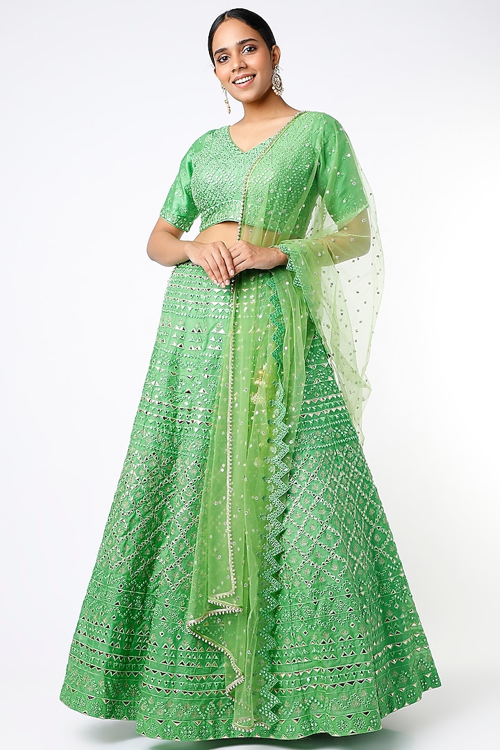 Green Organza & Raw Silk Mirror Embroidered Lehenga Set by Chamee and Palak