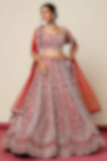 Deep Red Silk Embroidered Bridal Lehenga Set by Chamee and Palak at Pernia's Pop Up Shop