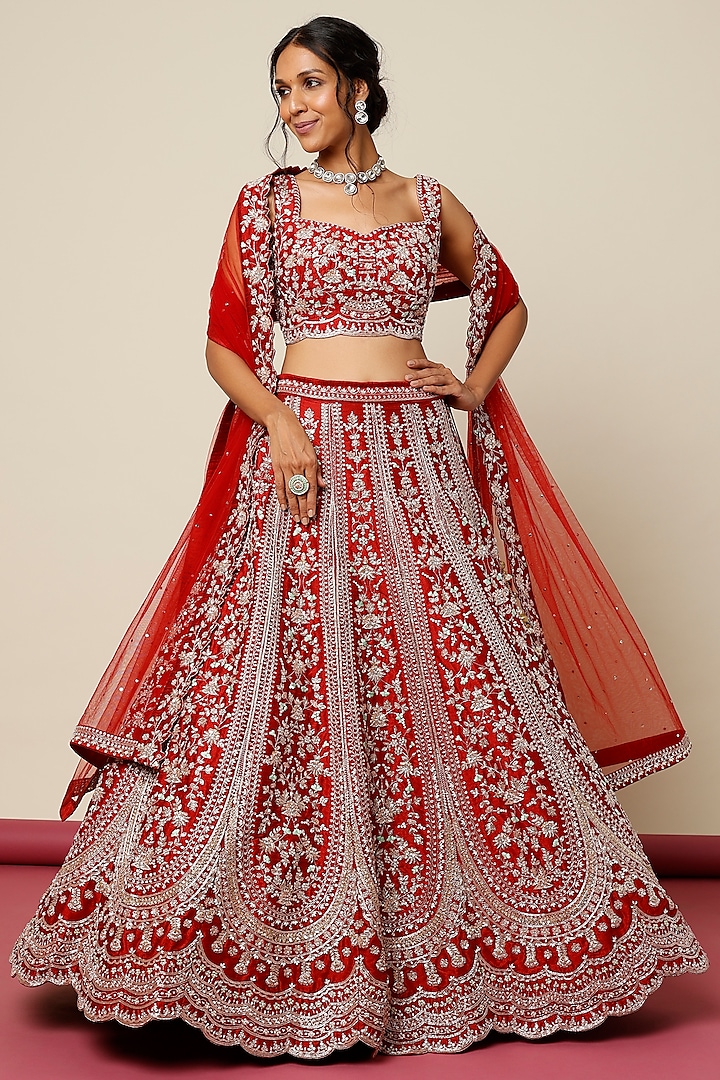 Red Silk Embroidered Lehenga