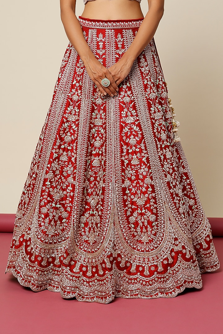 Deep Red Silk Embroidered Bridal Lehenga Set by Chamee and Palak at Pernia's Pop Up Shop