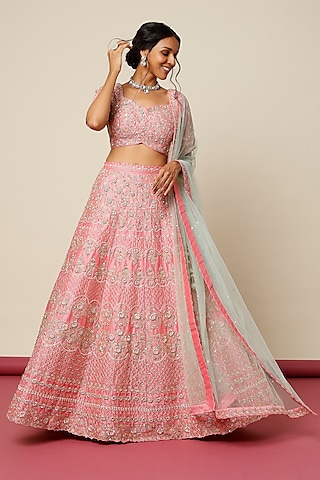 Mauve Pink Raw Silk Embroidered Lehenga Set by Chamee and Palak