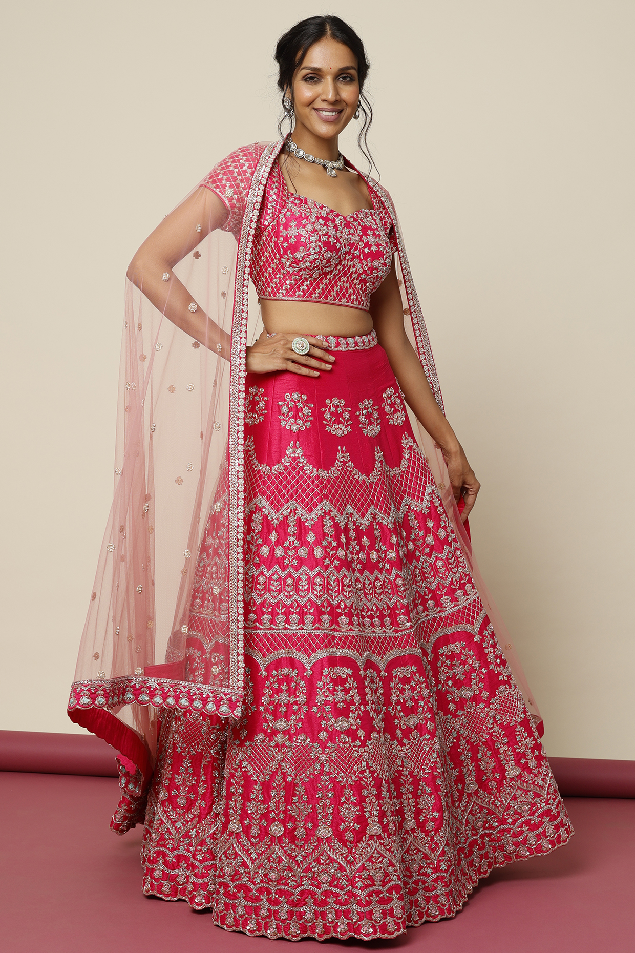 Pink Silk Zardosi Embroidered Bridal Lehenga Set by Chamee and Palak at Pernia's Pop Up Shop