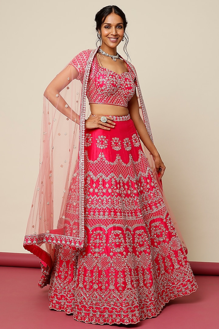 Pink Silk Zardosi Embroidered Bridal Lehenga Set by Chamee and Palak at Pernia's Pop Up Shop