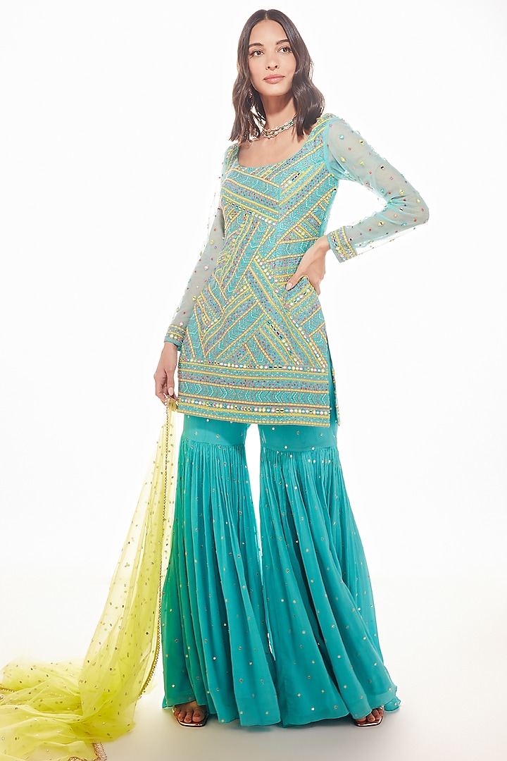 Blue Silk Sharara Set by Chamee and Palak at Pernia's Pop Up Shop