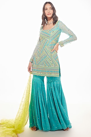 Blue Silk Sharara Set by Chamee and Palak