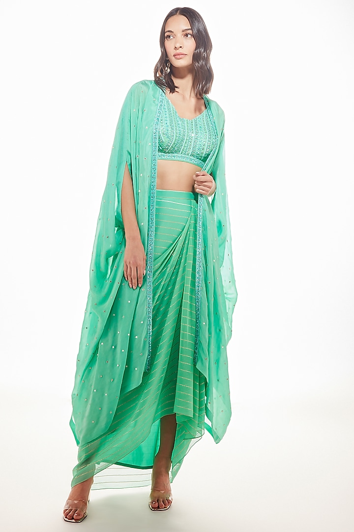 Sea Green Embroidered Cape Set by Chamee and Palak at Pernia's Pop Up Shop