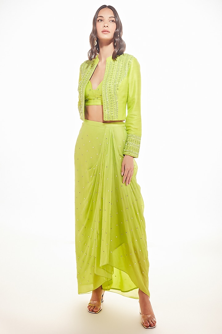 Lime Silk Blazer Set by Chamee and Palak