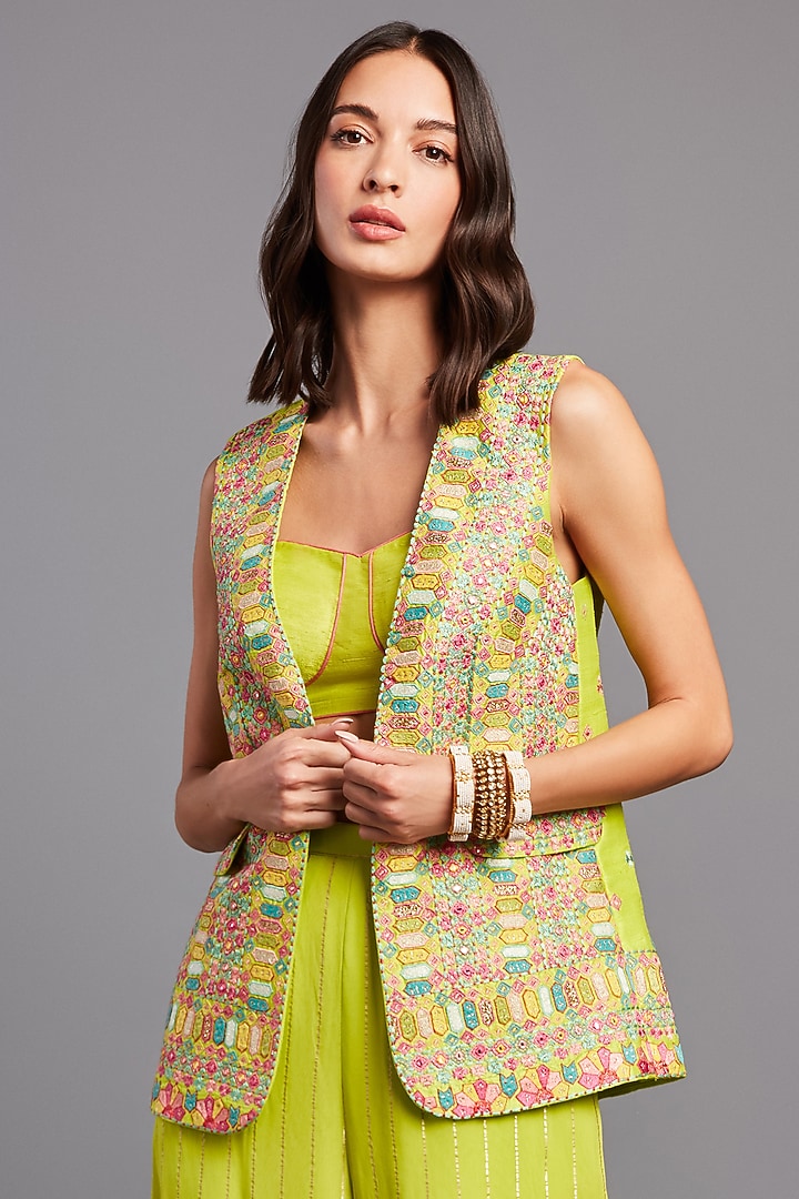 Lime Embroidered Blazer Set by Chamee and Palak at Pernia's Pop Up Shop