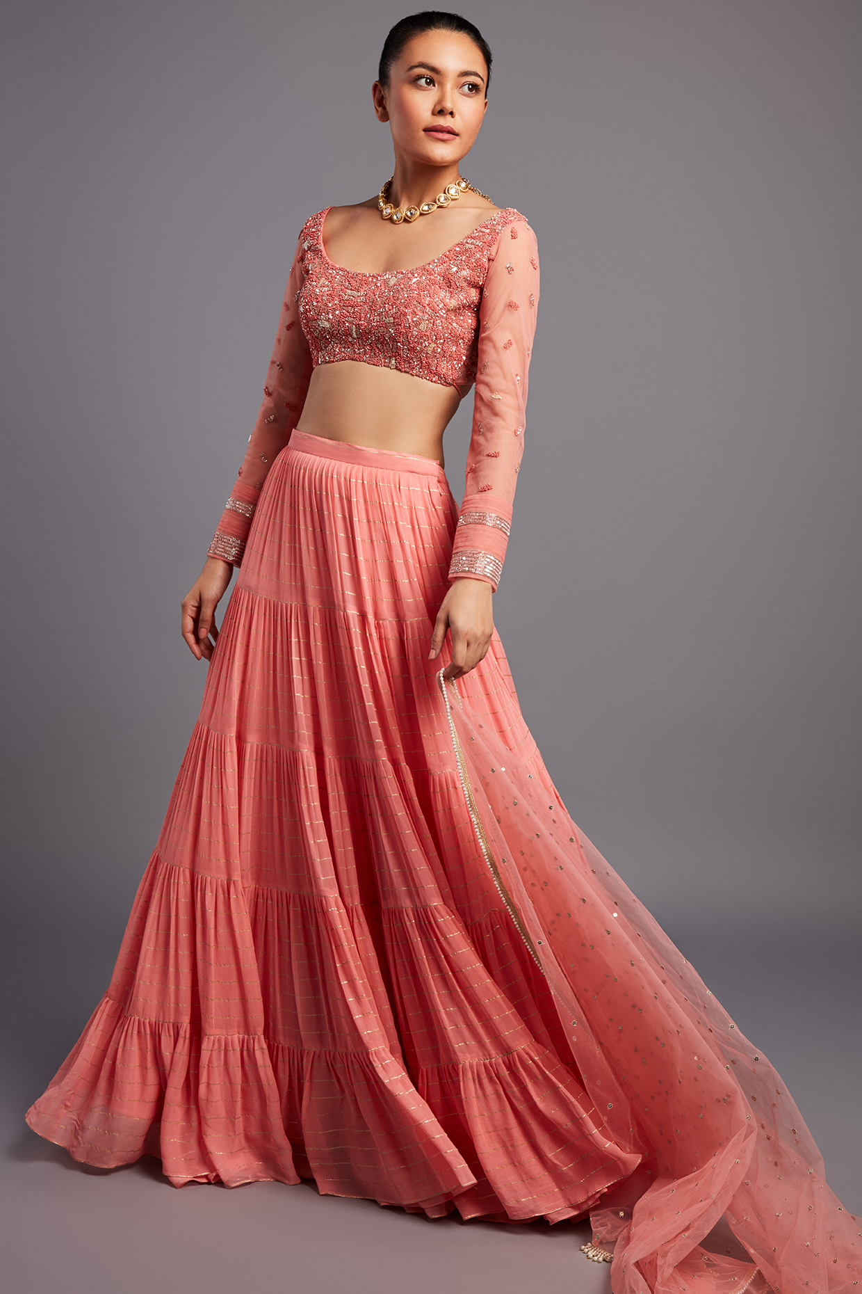 Peach Georgette Embroidered Wedding Lehenga Set by Chamee and Palak at Pernia's Pop Up Shop