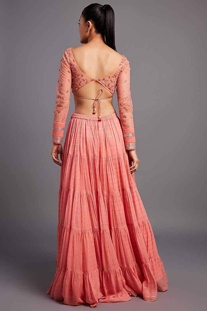 Peach Georgette Embroidered Wedding Lehenga Set by Chamee and Palak at Pernia's Pop Up Shop