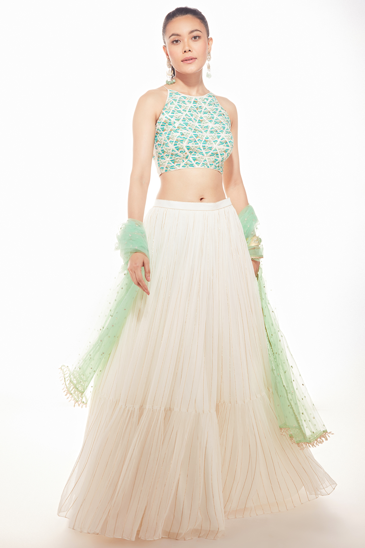 Ivory Georgette Tiered Wedding Lehenga Set by Chamee and Palak at Pernia's Pop Up Shop