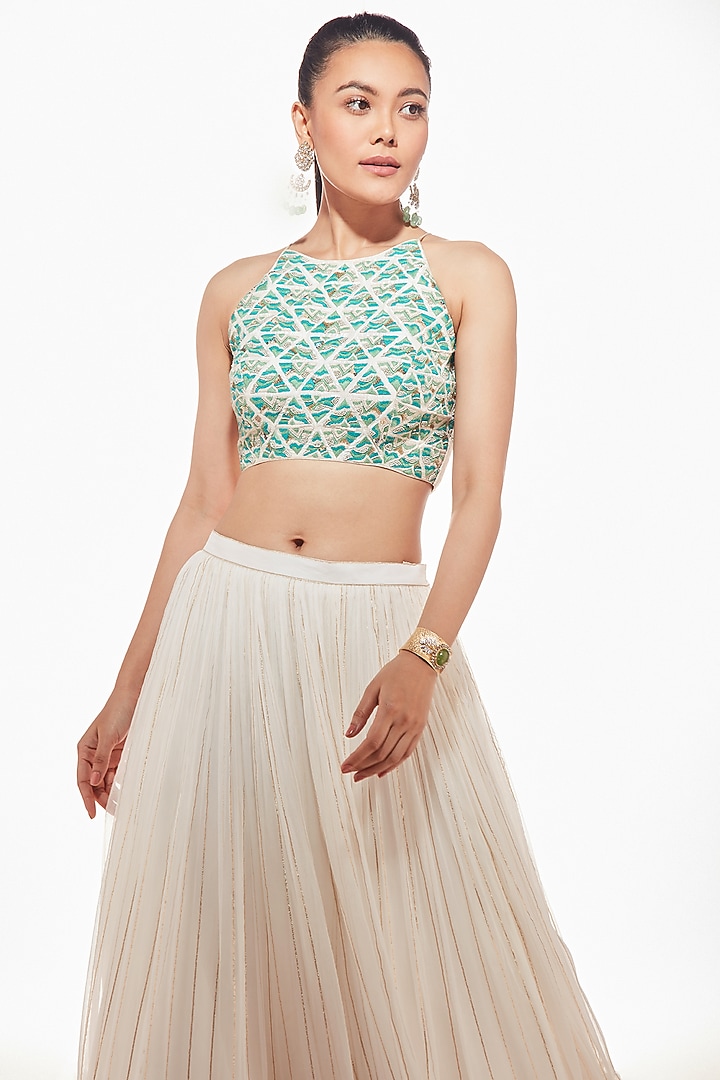Ivory Georgette Tiered Wedding Lehenga Set by Chamee and Palak at Pernia's Pop Up Shop